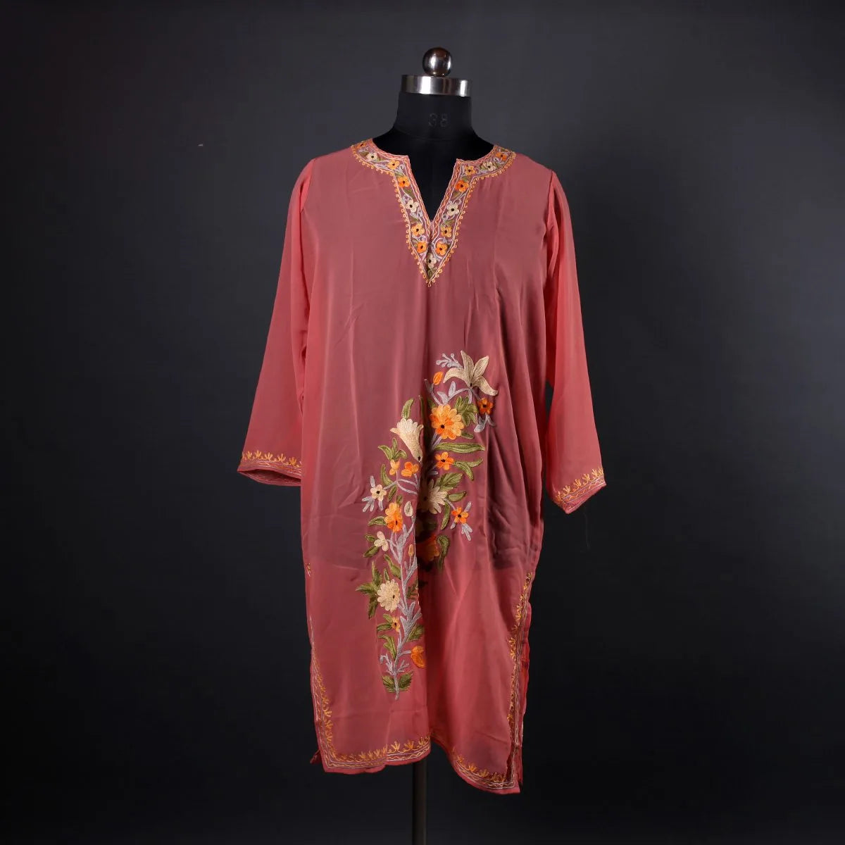 Peach Aari Embroidered Georgette Kurti