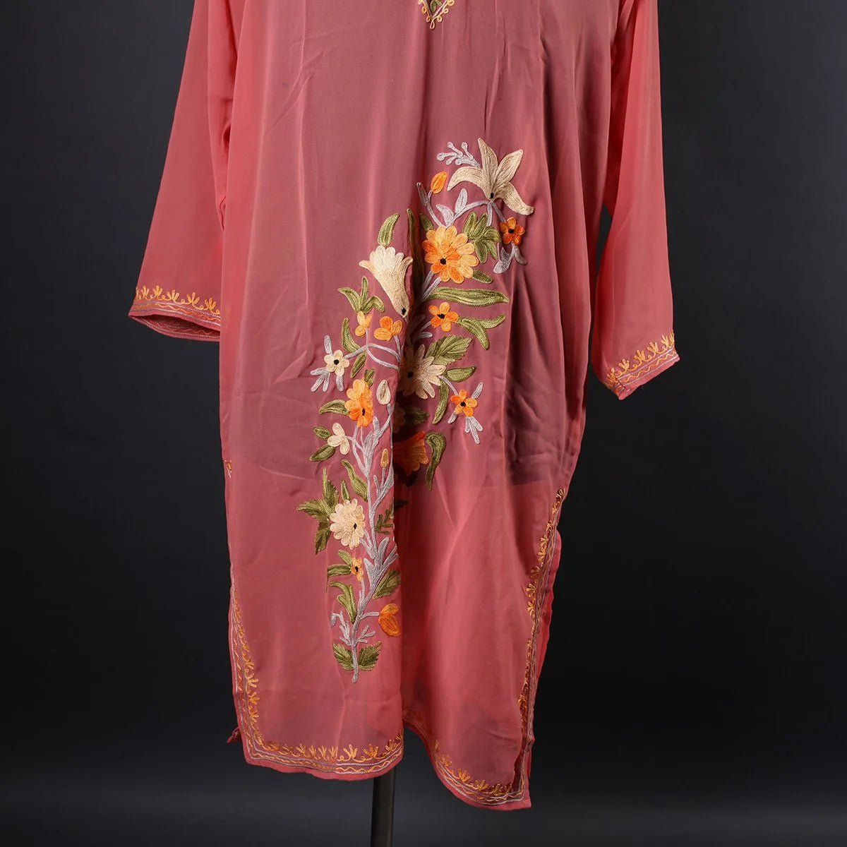 Peach Aari Embroidered Georgette Kurti