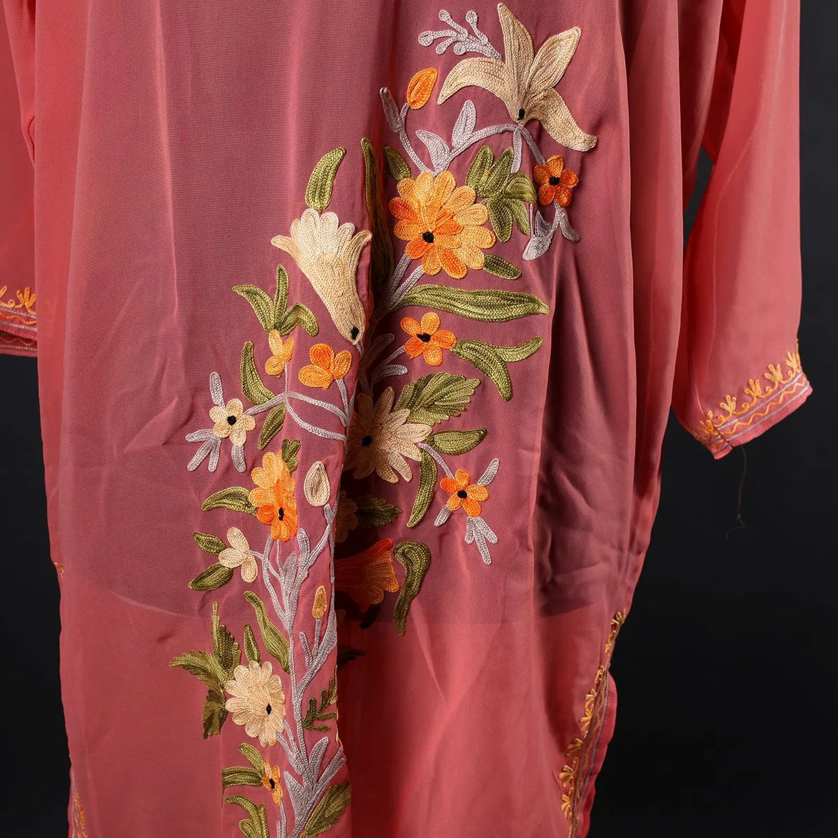 Peach Aari Embroidered Georgette Kurti