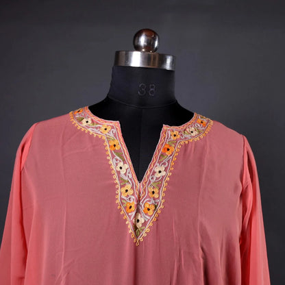 Peach Aari Embroidered Georgette Kurti