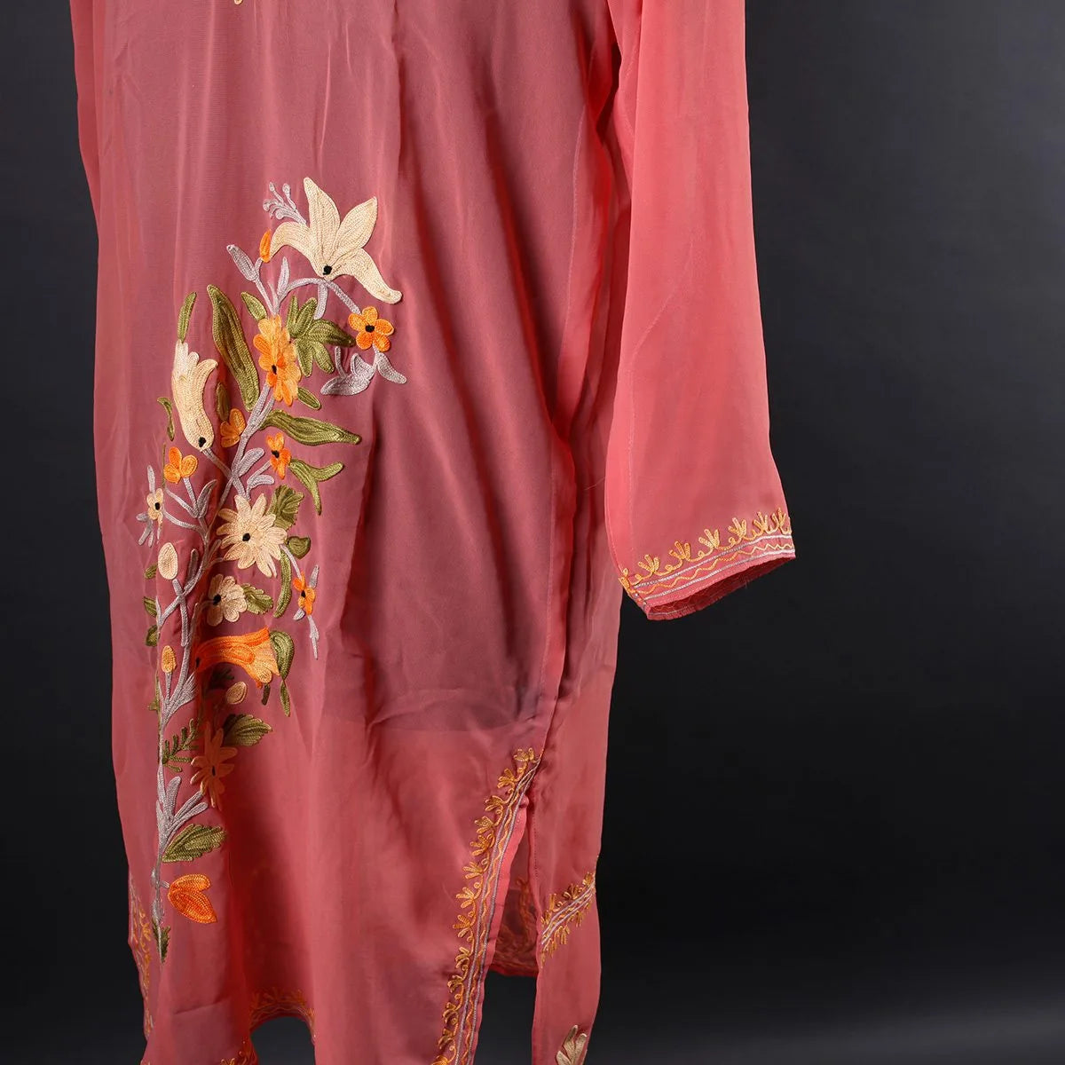 Peach Aari Embroidered Georgette Kurti