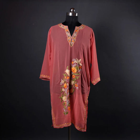 Peach Aari Embroidered Georgette Kurti