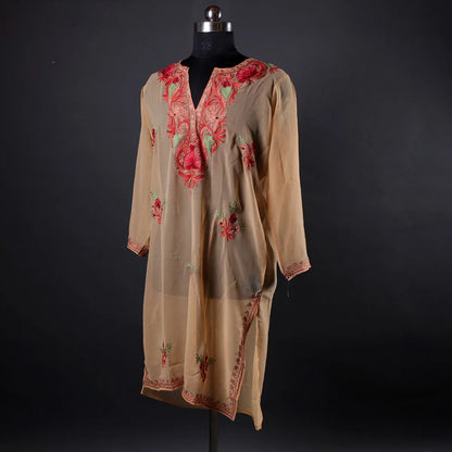 Skin Tone Aari Embroidered Georgette Kurti