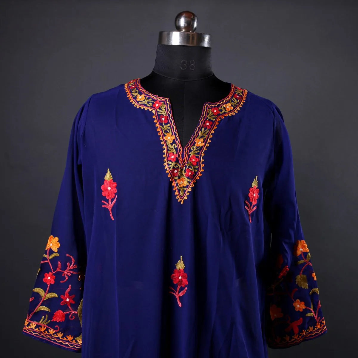 Blue Aari Embroidered Georgette Kurti