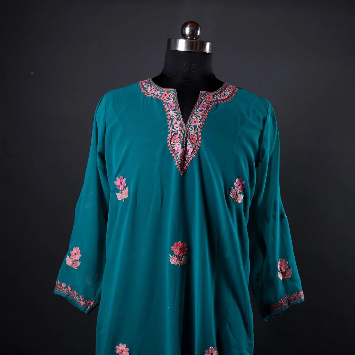 Green Aari Embroidered Georgette Kurti