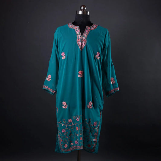 Green Aari Embroidered Georgette Kurti