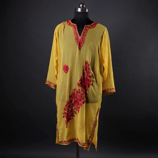 Yellow Aari Embroidered Georgette Kurti