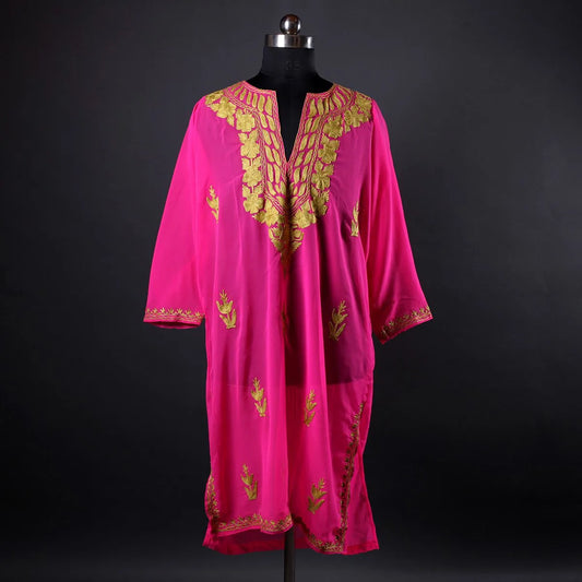 Fuchsia Pink Aari Embroidered Georgette Kurti