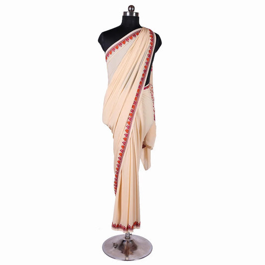 Creme Colour Kashmiri Hand Sozni Embroidered Pure Crepe Saree