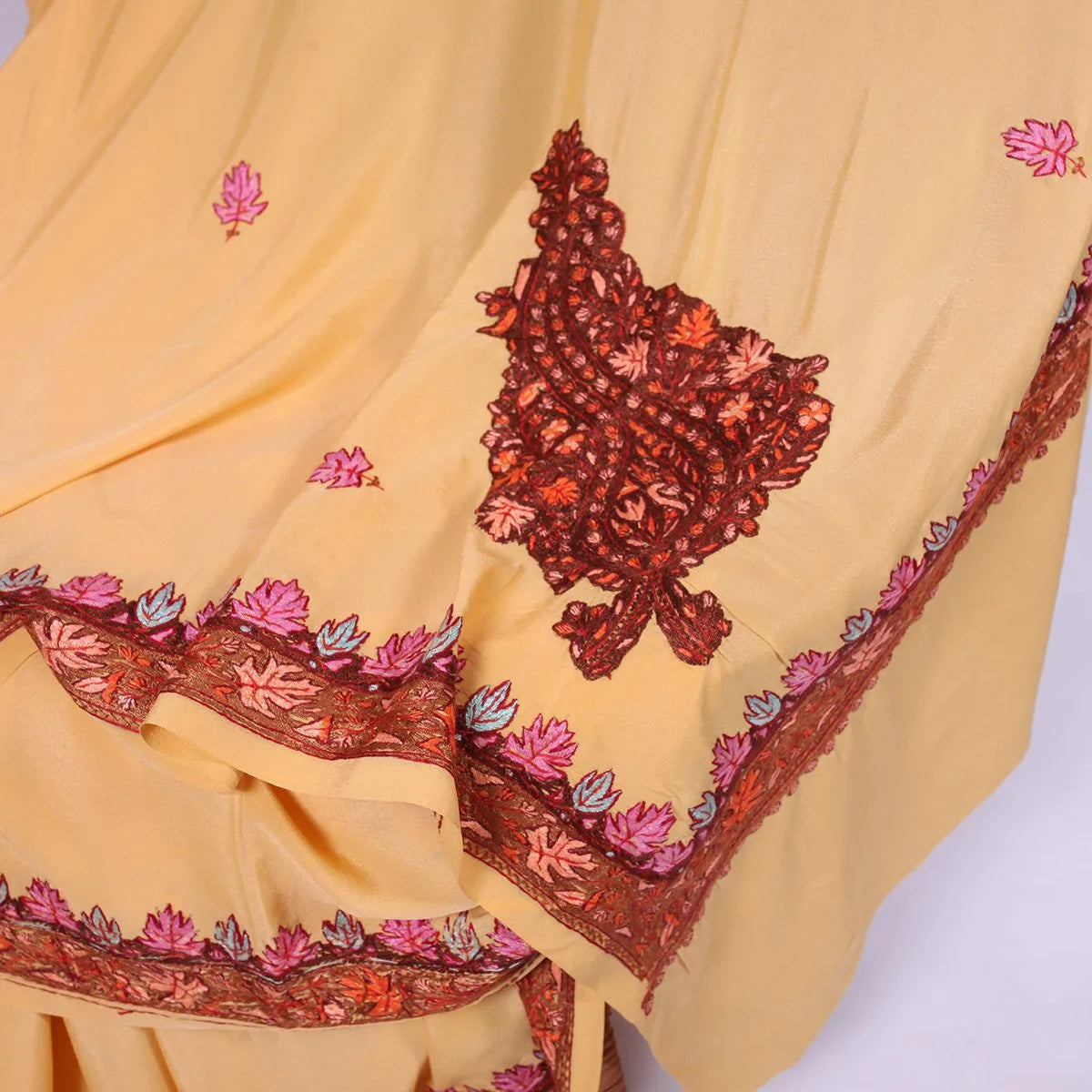 Light Yellow Kashmiri Hand Sozni Embroidered Pure Crepe Saree