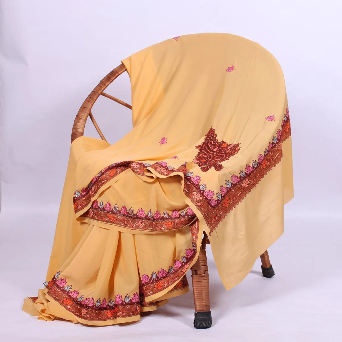 Light Yellow Kashmiri Hand Sozni Embroidered Pure Crepe Saree