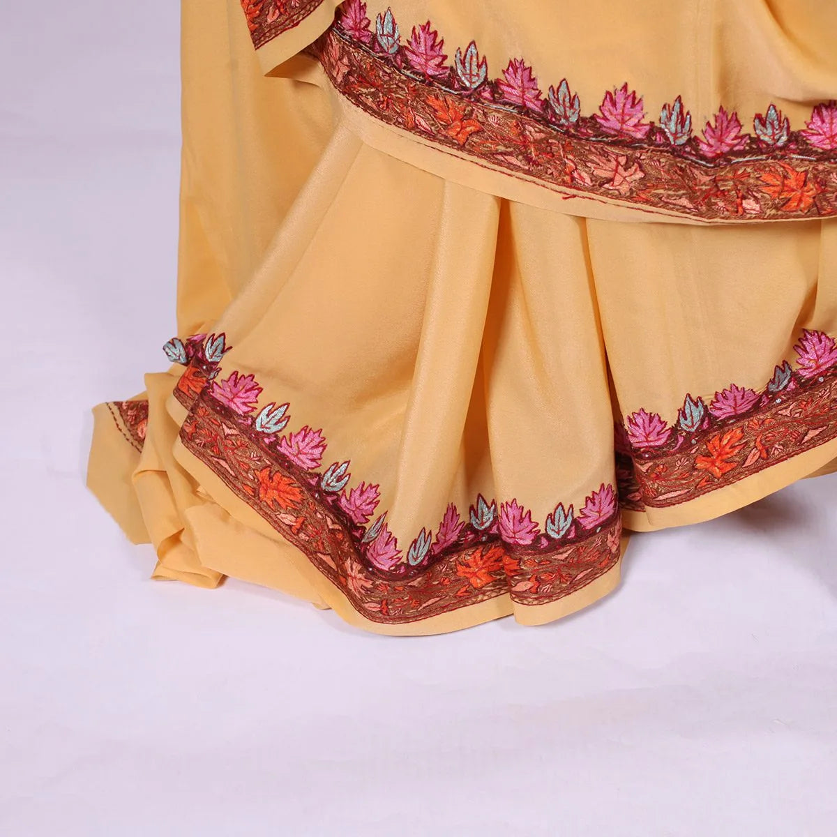 Light Yellow Kashmiri Hand Sozni Embroidered Pure Crepe Saree