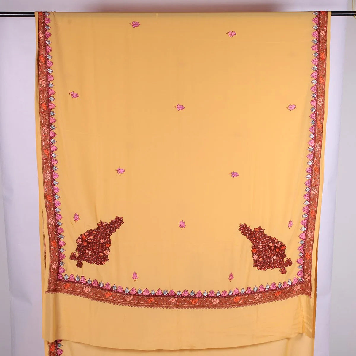 Light Yellow Kashmiri Hand Sozni Embroidered Pure Crepe Saree