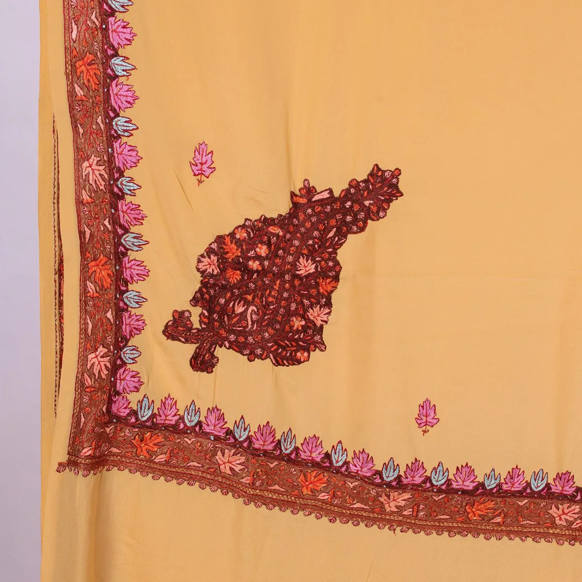 Light Yellow Kashmiri Hand Sozni Embroidered Pure Crepe Saree