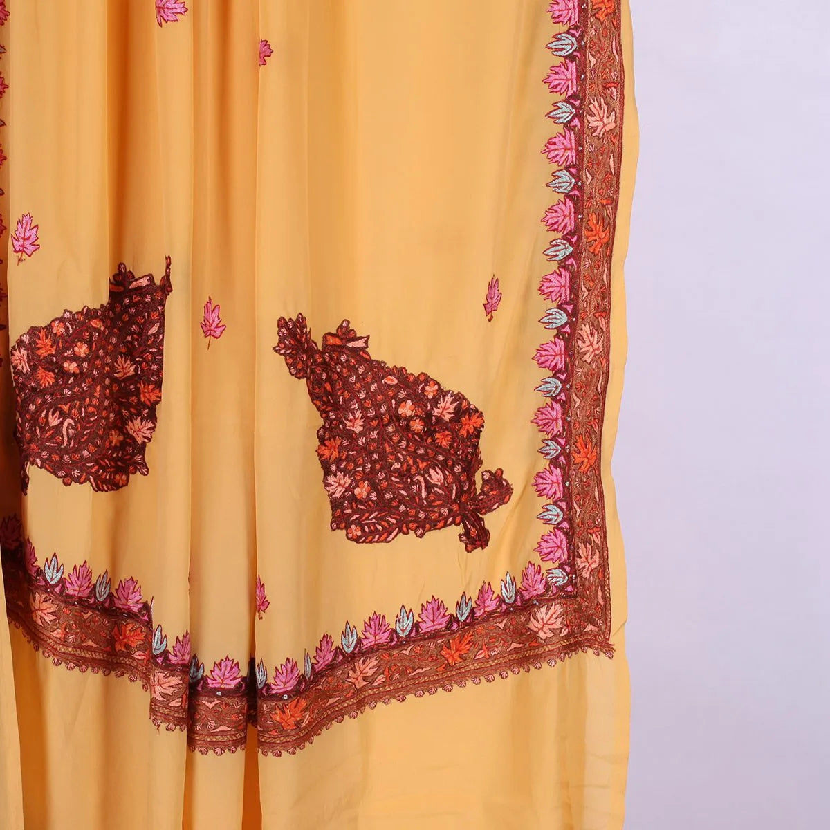 Light Yellow Kashmiri Hand Sozni Embroidered Pure Crepe Saree