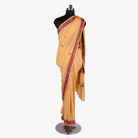 Light Yellow Kashmiri Hand Sozni Embroidered Pure Crepe Saree