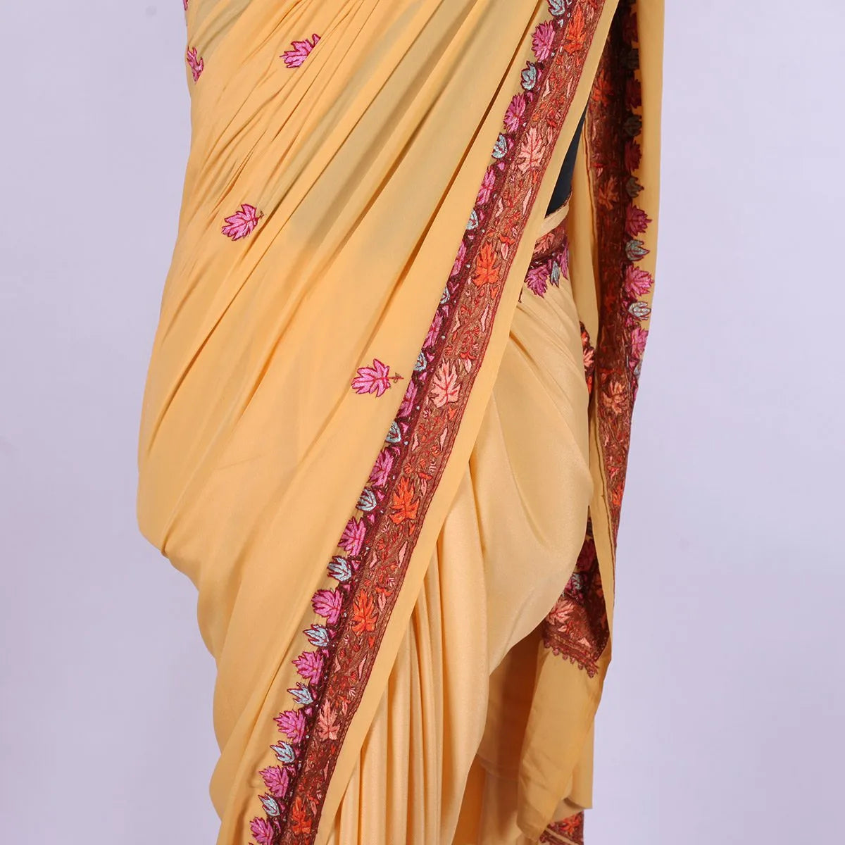 Light Yellow Kashmiri Hand Sozni Embroidered Pure Crepe Saree