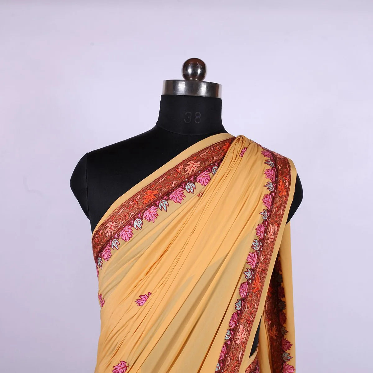 Light Yellow Kashmiri Hand Sozni Embroidered Pure Crepe Saree