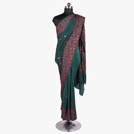 Green Colour Kashmiri Hand Sozni Embroidered Pure Crepe Saree