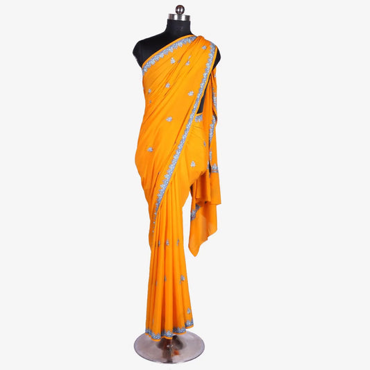 Yellow Kashmiri Hand Sozni Embroidered Pure Crepe Saree