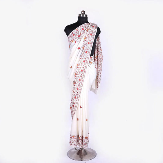 White Base Kashmiri Hand Sozni Embroidered Pure Crepe Saree