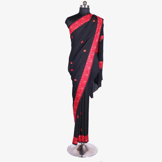 Black Base Kashmiri Hand Sozni Embroidered Pure Crepe Saree