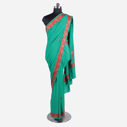 Seafoam Colour Kashmiri Hand Sozni Embroidered Pure Crepe Saree