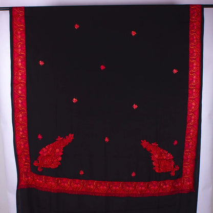 Black Colour Kashmiri Hand Sozni Embroidered Pure Crepe Saree