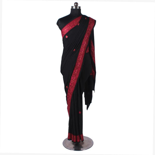 Black Colour Kashmiri Hand Sozni Embroidered Pure Crepe Saree