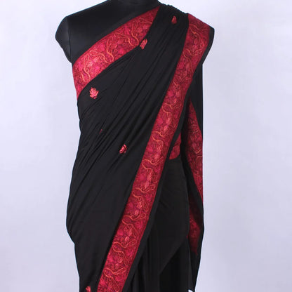 Black Colour Kashmiri Hand Sozni Embroidered Pure Crepe Saree