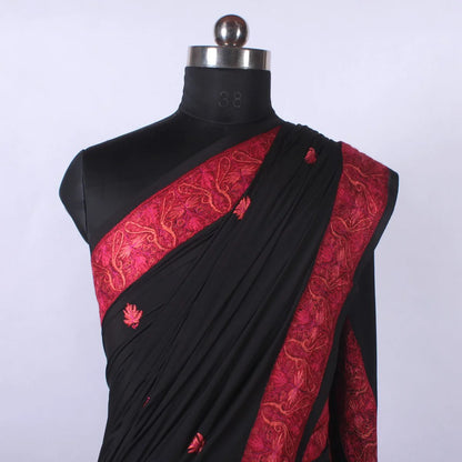 Black Colour Kashmiri Hand Sozni Embroidered Pure Crepe Saree