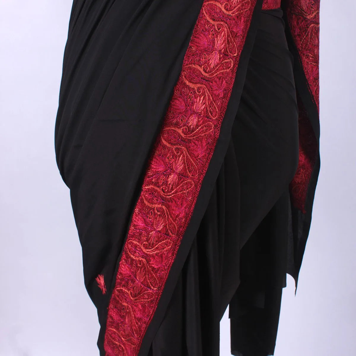 Black Colour Kashmiri Hand Sozni Embroidered Pure Crepe Saree