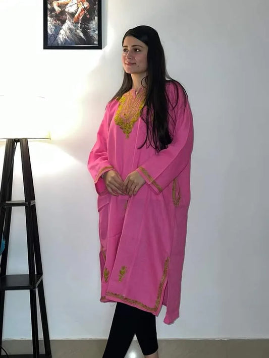 Magenta Pink Aari Embroidered Woolen Phiran