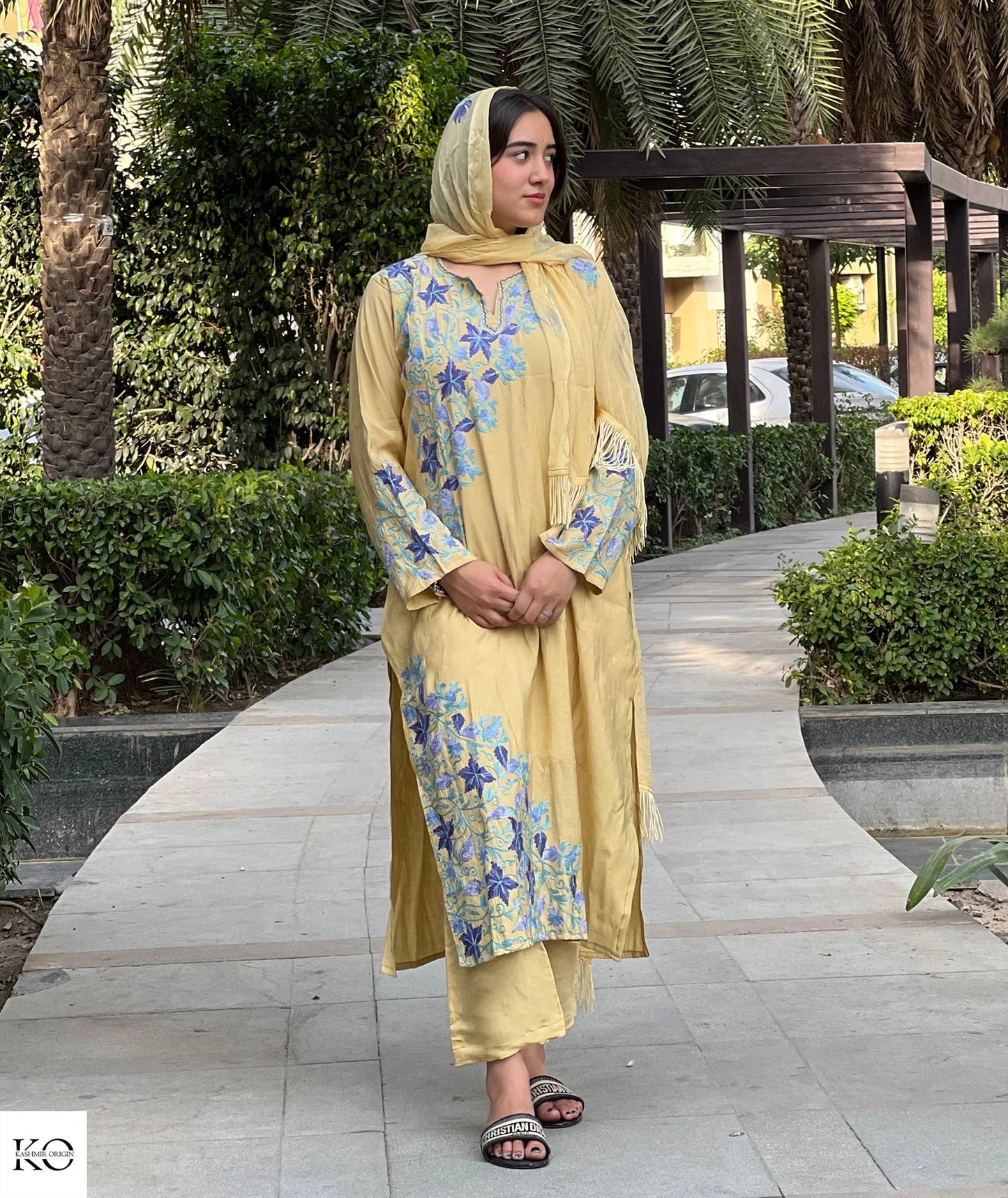 Lemon Yellow & Blue Embroidered Silk Crepe Co ord Set | Full Suit with Lace Dupatta