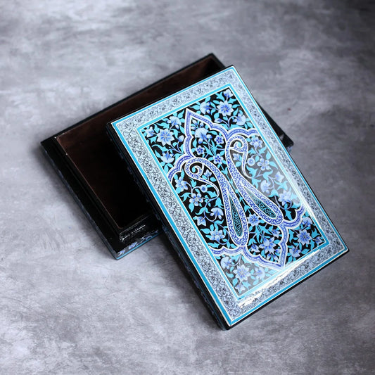 Black Base Paisley Design Handmade Paper Mache Box Meter box | Flat Box | Intense Design kashmir Art