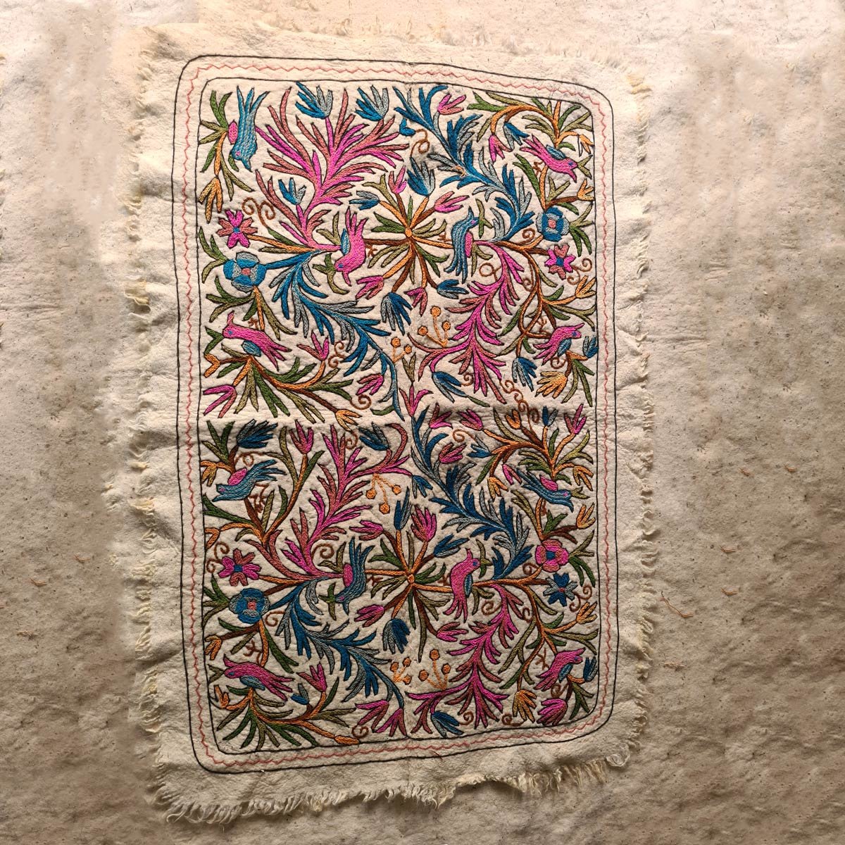 BIRDS ON TREE OF LIFE HANDMADE AARI EMBROIDERED NAMDA 6X4 FT