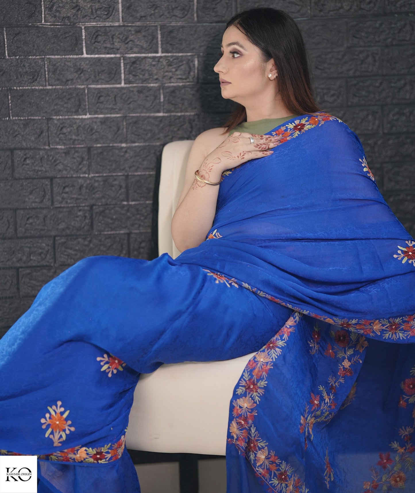 Royal Blue Aari Embroidered Crepe Saree