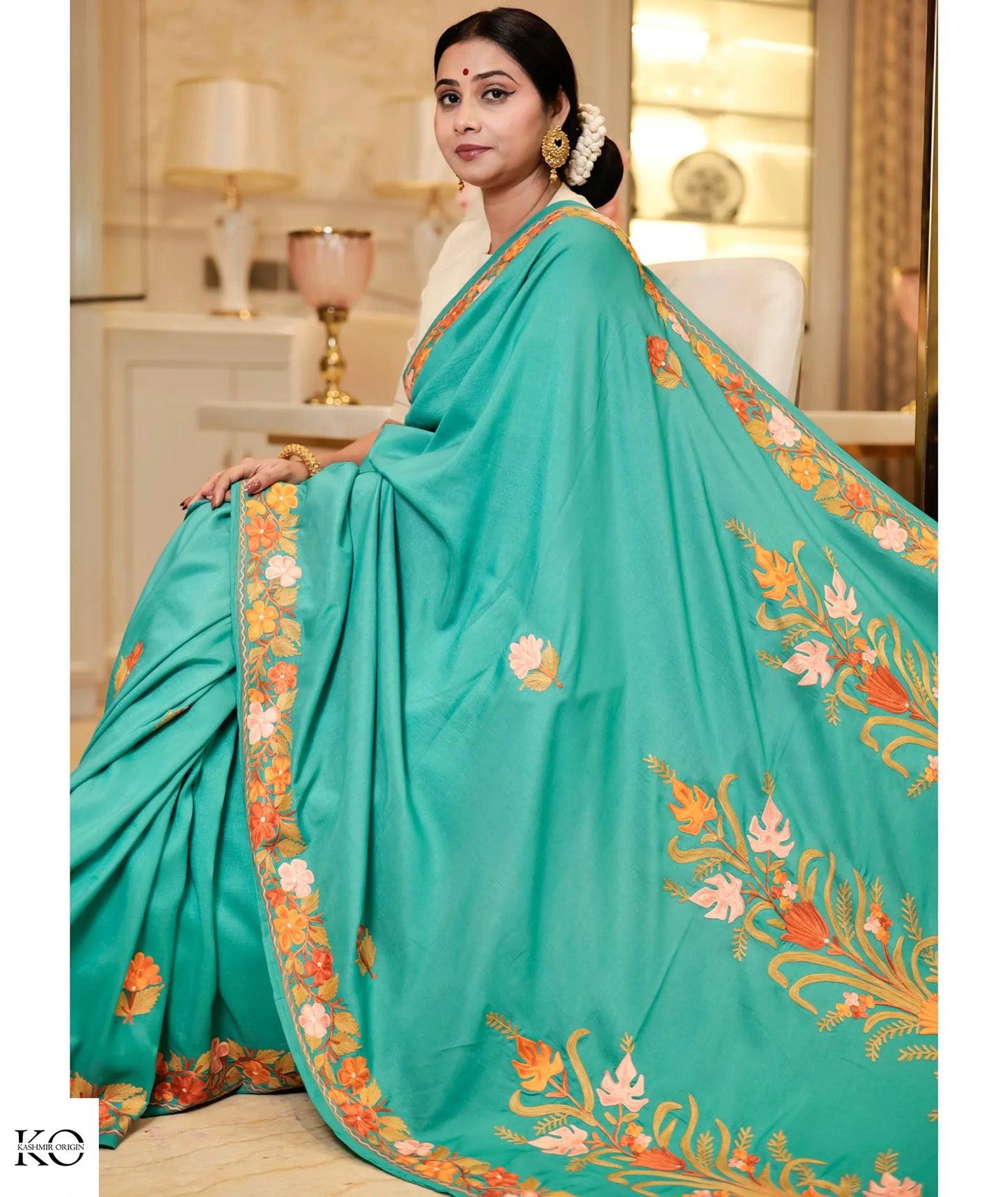 Green Phooldaan Design Embroidered Silk Crape Saree