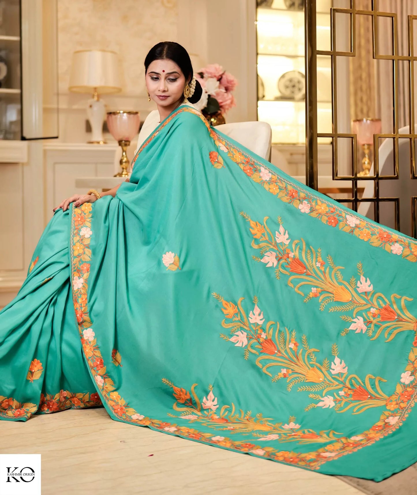 Green Phooldaan Design Embroidered Silk Crape Saree