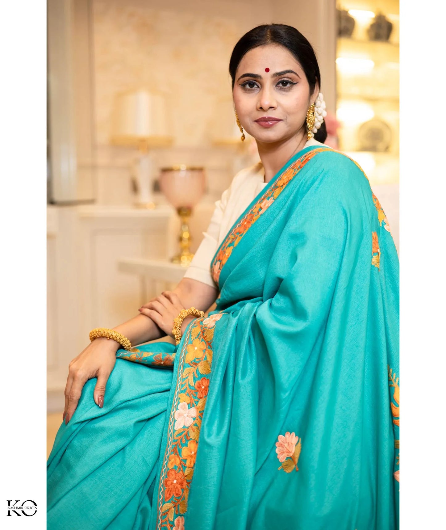 Green Phooldaan Design Embroidered Silk Crape Saree