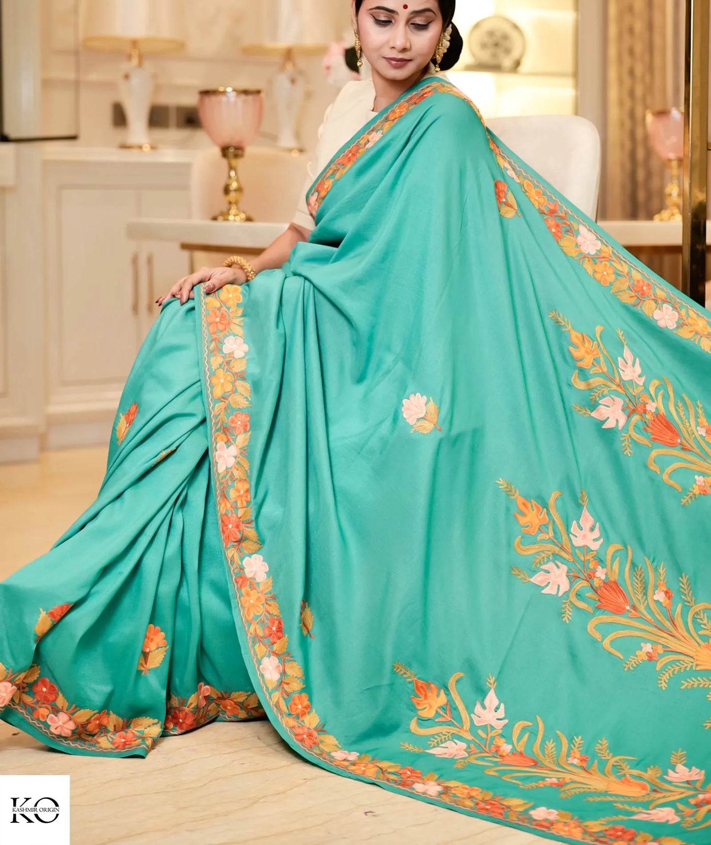 Green Phooldaan Design Embroidered Silk Crape Saree