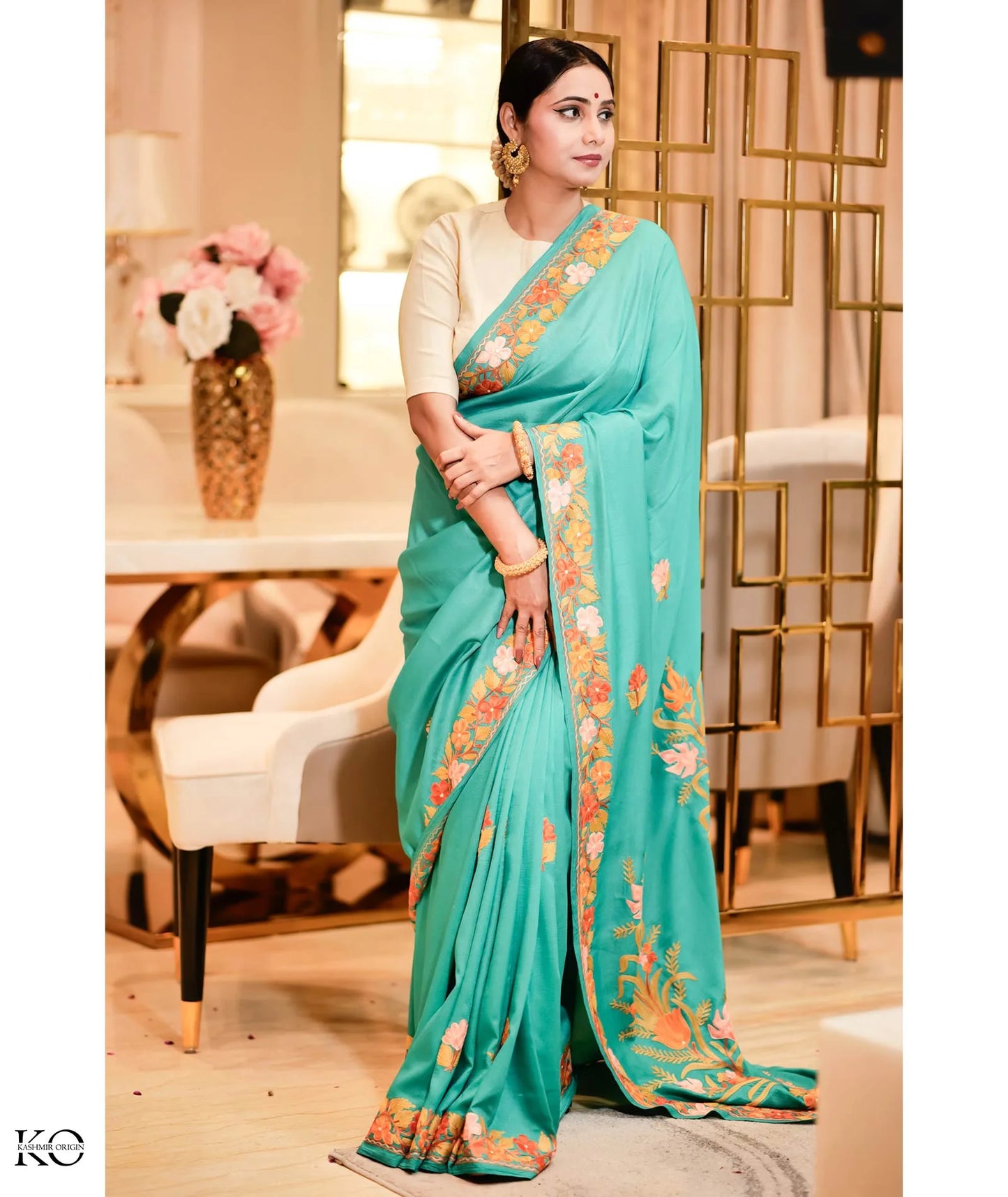 Green Phooldaan Design Embroidered Silk Crape Saree