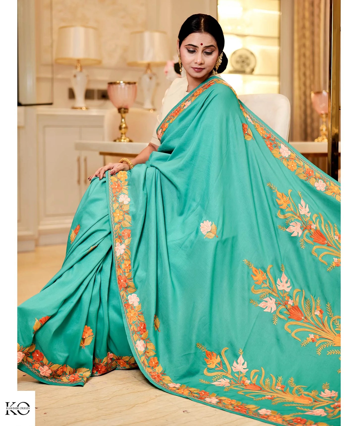 Green Phooldaan Design Embroidered Silk Crape Saree