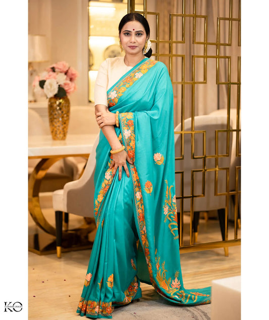 Green Phooldaan Design Embroidered Silk Crape Saree