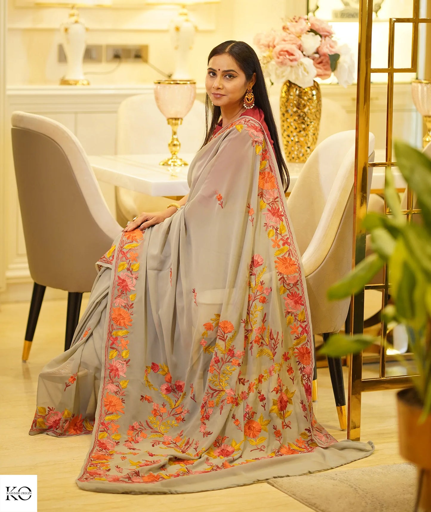 Floral Embroidered Dove Grey Georgette Saree