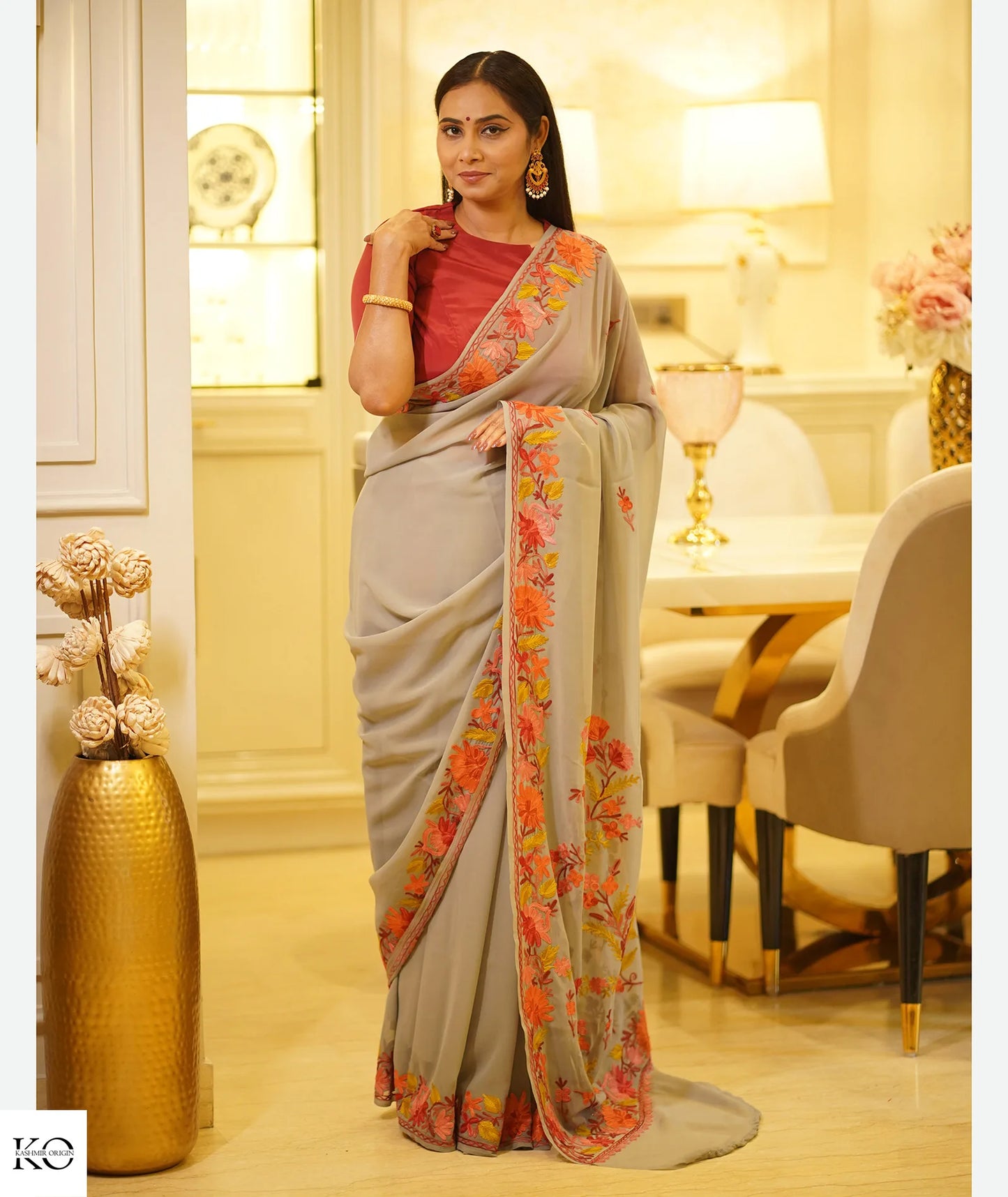 Floral Embroidered Dove Grey Georgette Saree