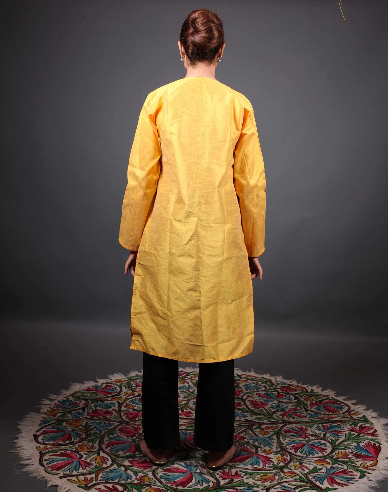 Zari Outline Aari Embroidered Yellow Silk Kurti