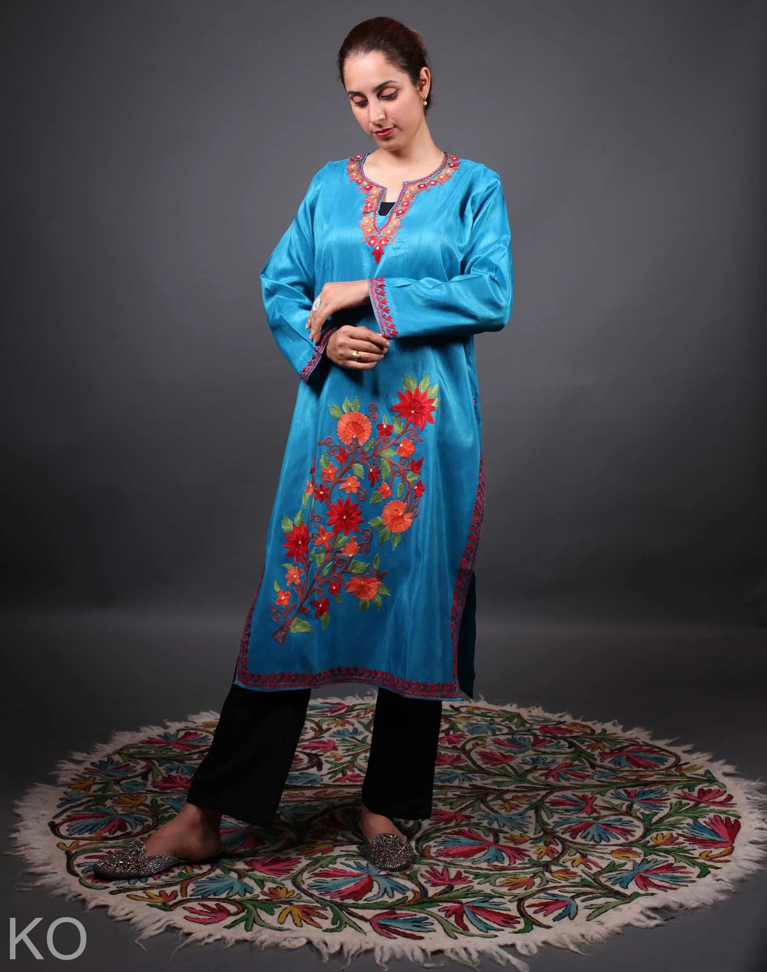Blue and Red Aari Embroidered Cotton Kurti