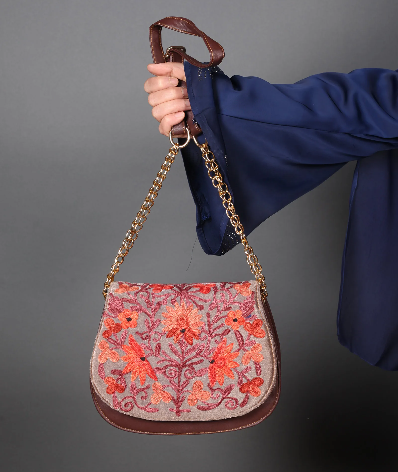 Brown Aari Embroidered Full Flap Sling Bag