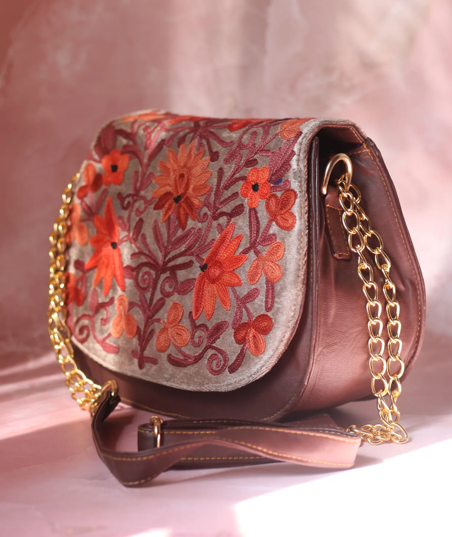 Brown Aari Embroidered Full Flap Sling Bag